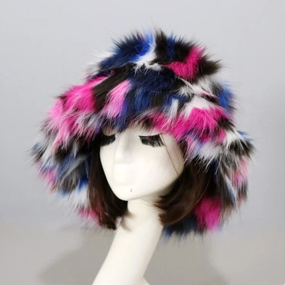 Multicolored 90s Style Fur Bucket Hat Brand New